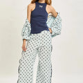 Laru Women Polka Dot 2 Piece Outfit Stand Collar Crop Jacket Side Zipper Wide Leg Pants Spring Casual Matching Tracksuit Set