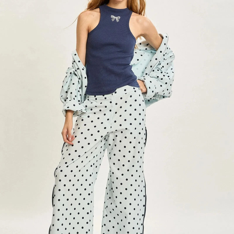 Laru Women Polka Dot 2 Piece Outfit Stand Collar Crop Jacket Side Zipper Wide Leg Pants Spring Casual Matching Tracksuit Set