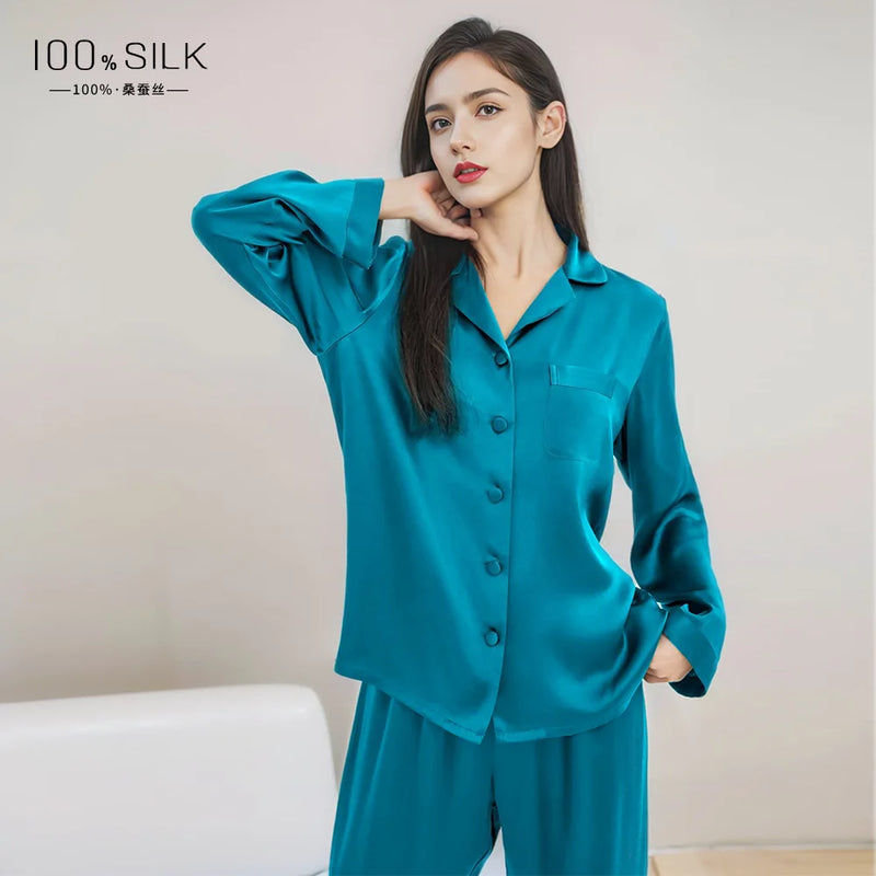 2025 Summer New 100% Mulberry Silk Long-Sleeve Long Pants 2PCS Sets Women's Pajama Set European  American Style Loungewear