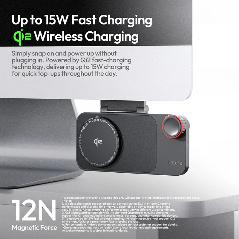 Ulanzi CW15 Wireless Charger Qi2 15W Fast Charging StandBy Ready Instant Magnetic Snap Multimedia Smart Dial Control for Studio