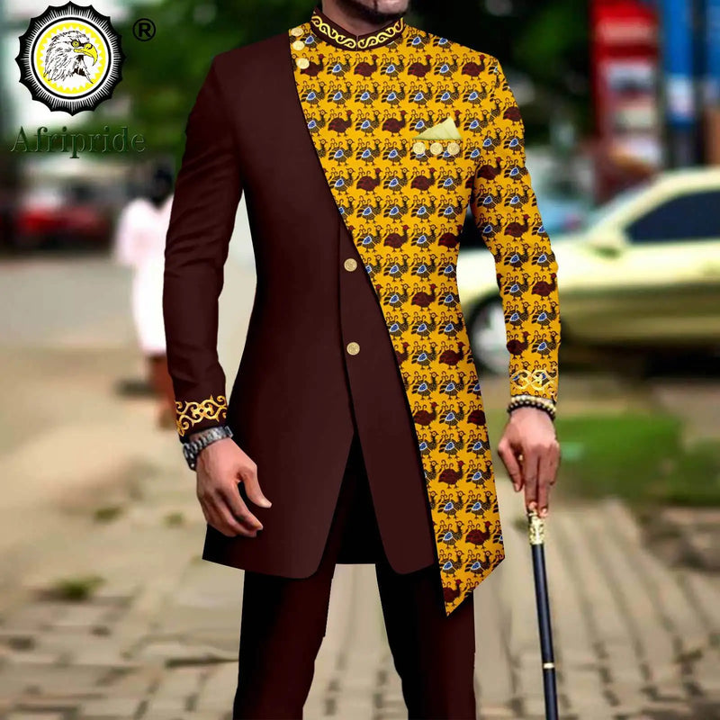 African Suits for Men Embroidery Print Blazer and Pants Set Business Dress with Kerchief Party Wedding - View 11 | SAMAG