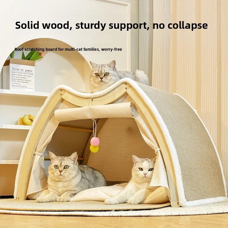 Warmth Enclosed Wooden  Scratching Board Large Villa Style  House for All Seasons Indoor Pet Shelter  Tent Dog Bed