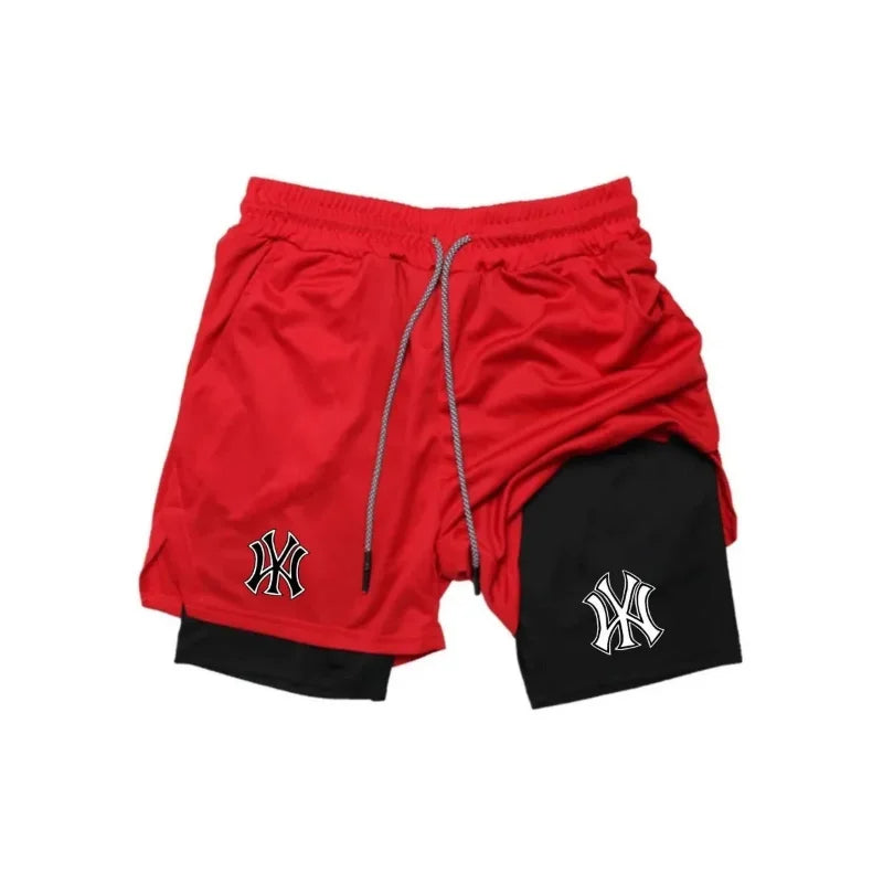 Men's tight fitting sports shorts, printed sports shorts, double-layer 2-in-1 quick drying basketball muscle fitness shorts