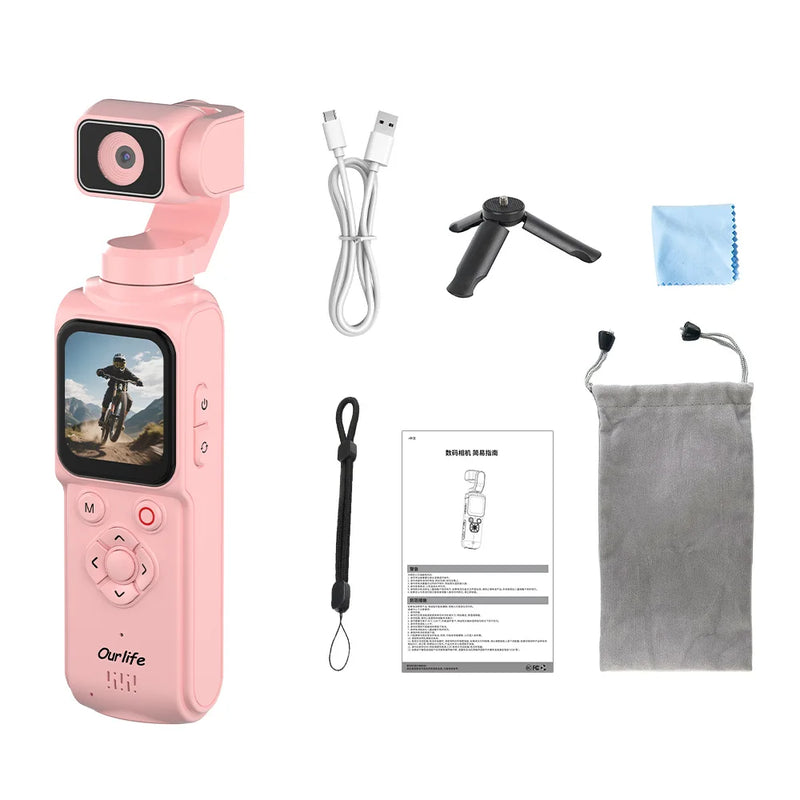 Ourlife 4K Action Camera 330° Face Tracking Gimbal Stabilizer 1.72 Inch Touch Screen 64MP Pocket Digital Camera WiFi Sports Cam