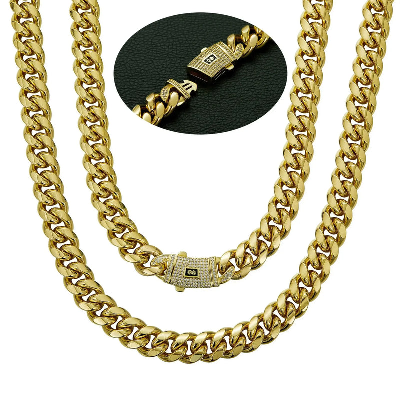 6 - 14mm Bling Gold Color Stainless Steel Cuban Miami Chains Necklaces CZ Zircon Box Lock Link for Men Hip - Visuel 3 | SAMAG