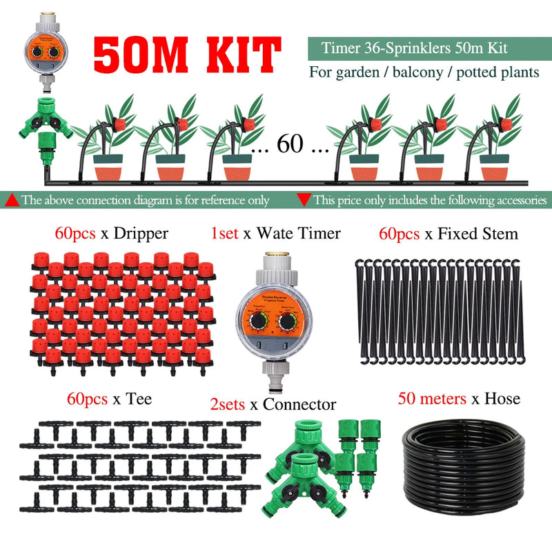 50-5M 1/4'' Hose Adjustable Drippers Automatic Watering Kit for Garden Greenhouse Home Outdoor Sprinkler Drip Irrigation System