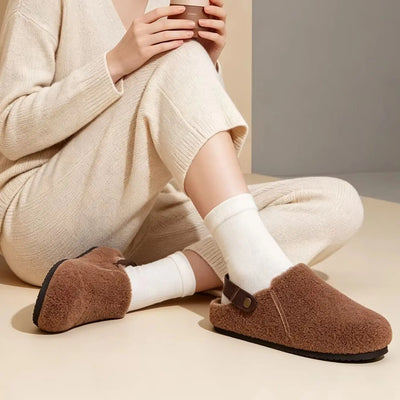 Smile Popcorn New Ladies Fluffy Sherpa Lined Clog Mules Suede Buckle Strap Non Slip Soft Warm Plush Indoor Home Slippers Women