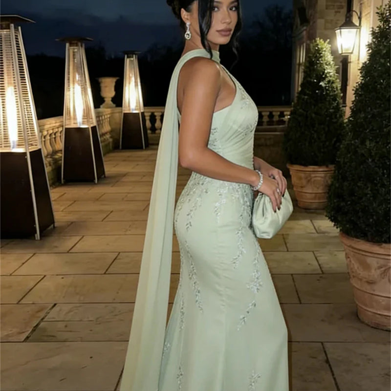 EGS Customized A-line Light Green Floral Embroidery Prom | SAMAG