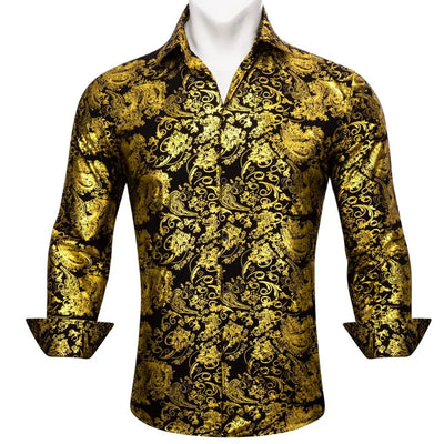 Luxury Silk Shirts for Men Long Sleeve Gold Black Floral | SAMAG