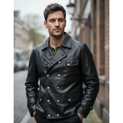 Men's English Gothic Black Leather Trench Coat Military | SAMAG