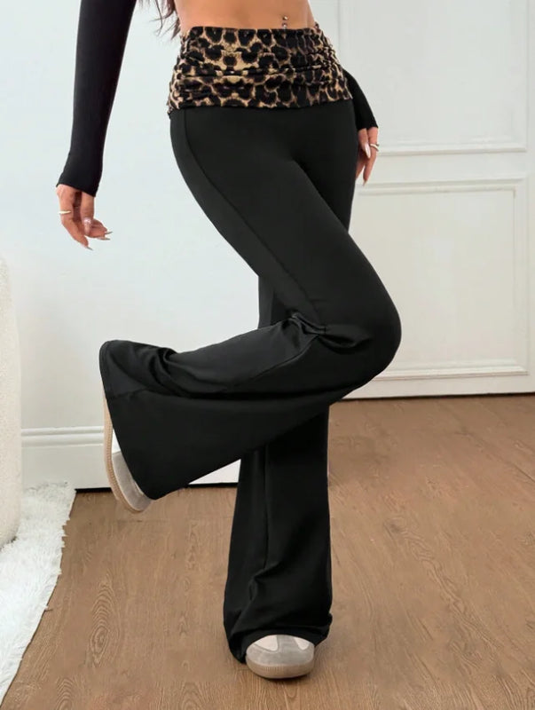 2026 Summer Women's Cross-border Sexy Leopard Print Patchwork High Waist Elastic Slim Fit Butt Lifting Slimming Flare Pants