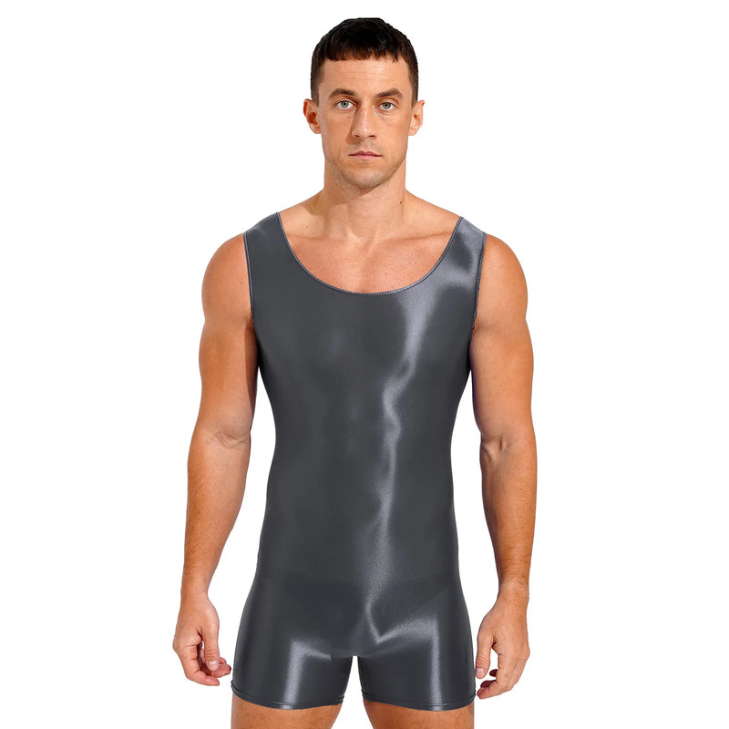 Swimwear Mens Glossy Stretchy Swimsuit U Neck Tank Leotard Jumpsuit Bodysuit Mankini Bodybuilding Fitness Exercise Swimming Suit