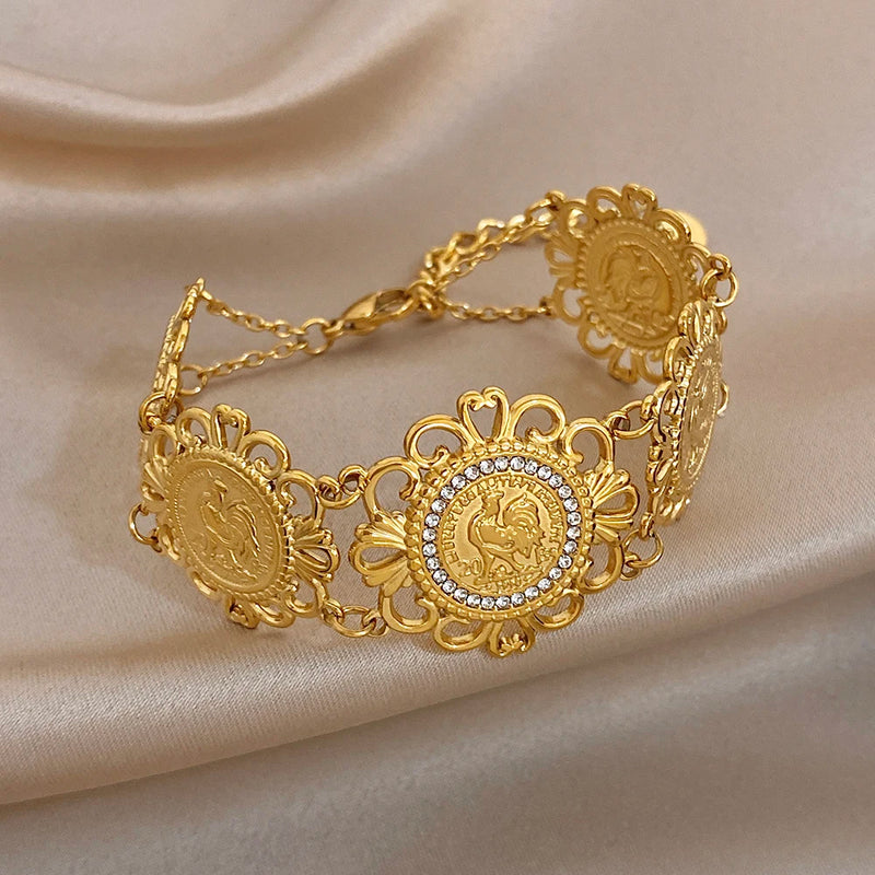 Vintage Gold Plated Stainless Steel Coins Wrist Bracelet for Women Men Classic Ethnic Cuff Bracelets Waterproof Jewelry