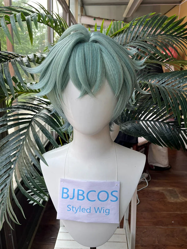 [Styled Wig] Lohen Cosplay Wig Game Genshin Impact  Men Short 35cm Green Hair Knights Of Favonius Cosplay Halloween Wig
