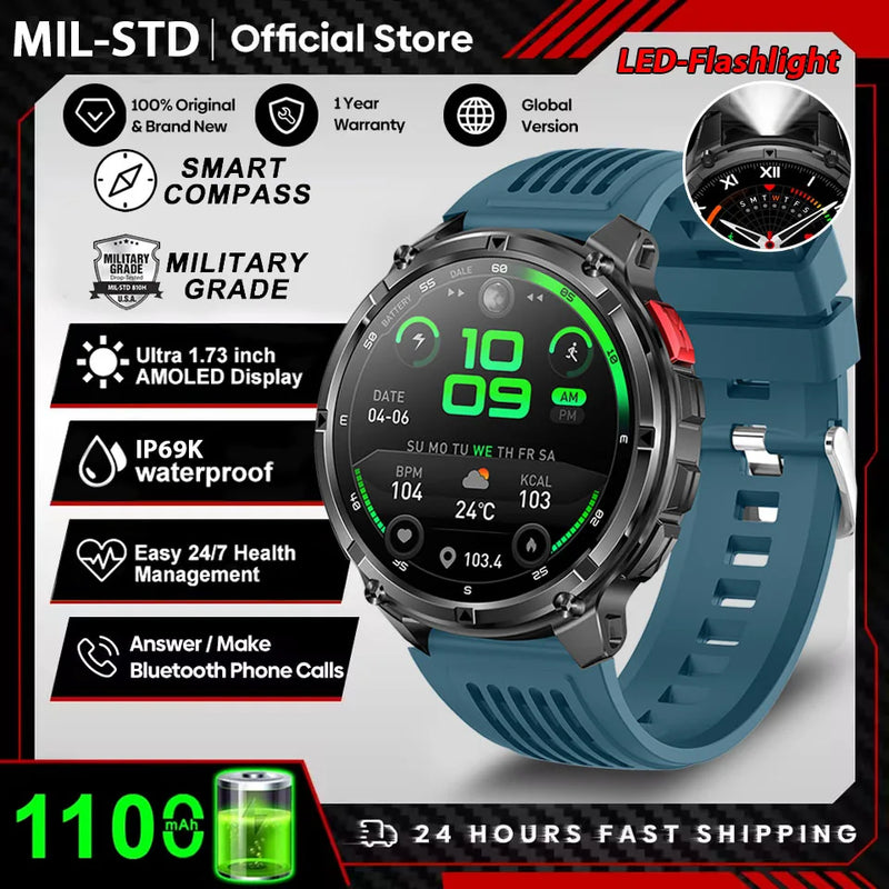 2026 New 1100mah AMOLED Smart Watch Men 170+Sport Fitness LED Flashlight IP69 Waterproof Bluetooth call GPS track Smartwatch iOS