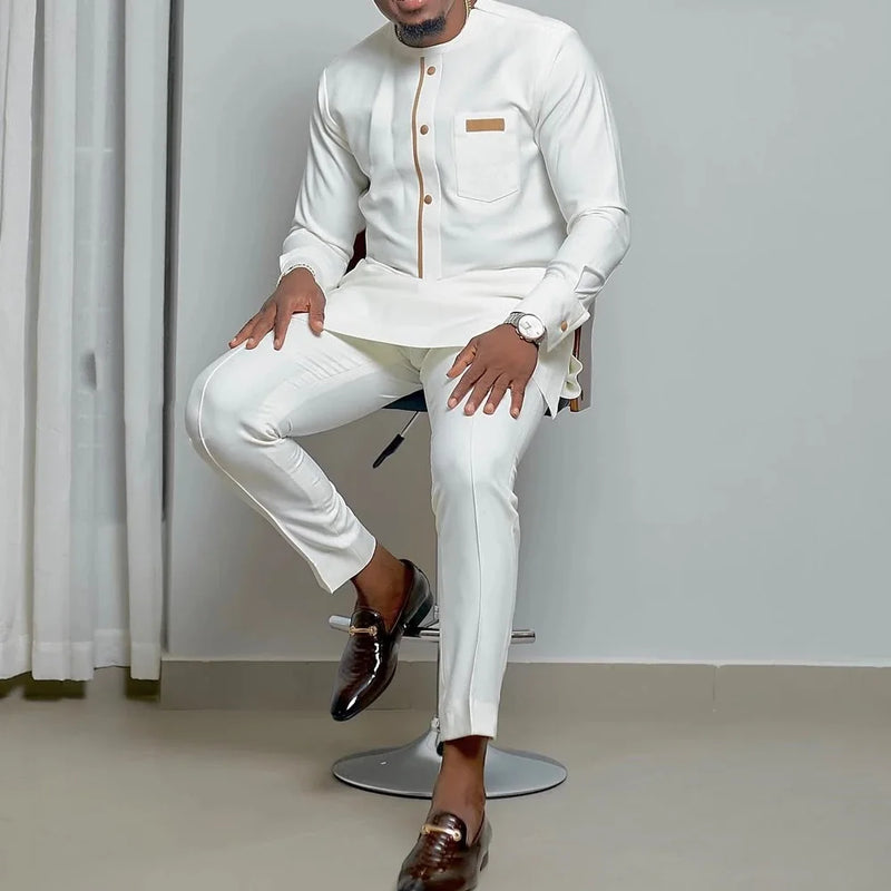 White Kaunda Suit Tuxedo Outfits Summer Short Sleeve Tops Pants with Pockets African Ethnic Casual Clothing Men Tuxedo 2PCS Suit
