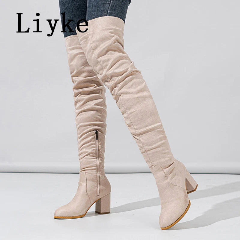 Liyke 2026 New Fashion Round Toe Zip Thigh High Boots Women Autumn Winter Chunky Heels Motorcycle Over The Knee Shoe Botas Mujer