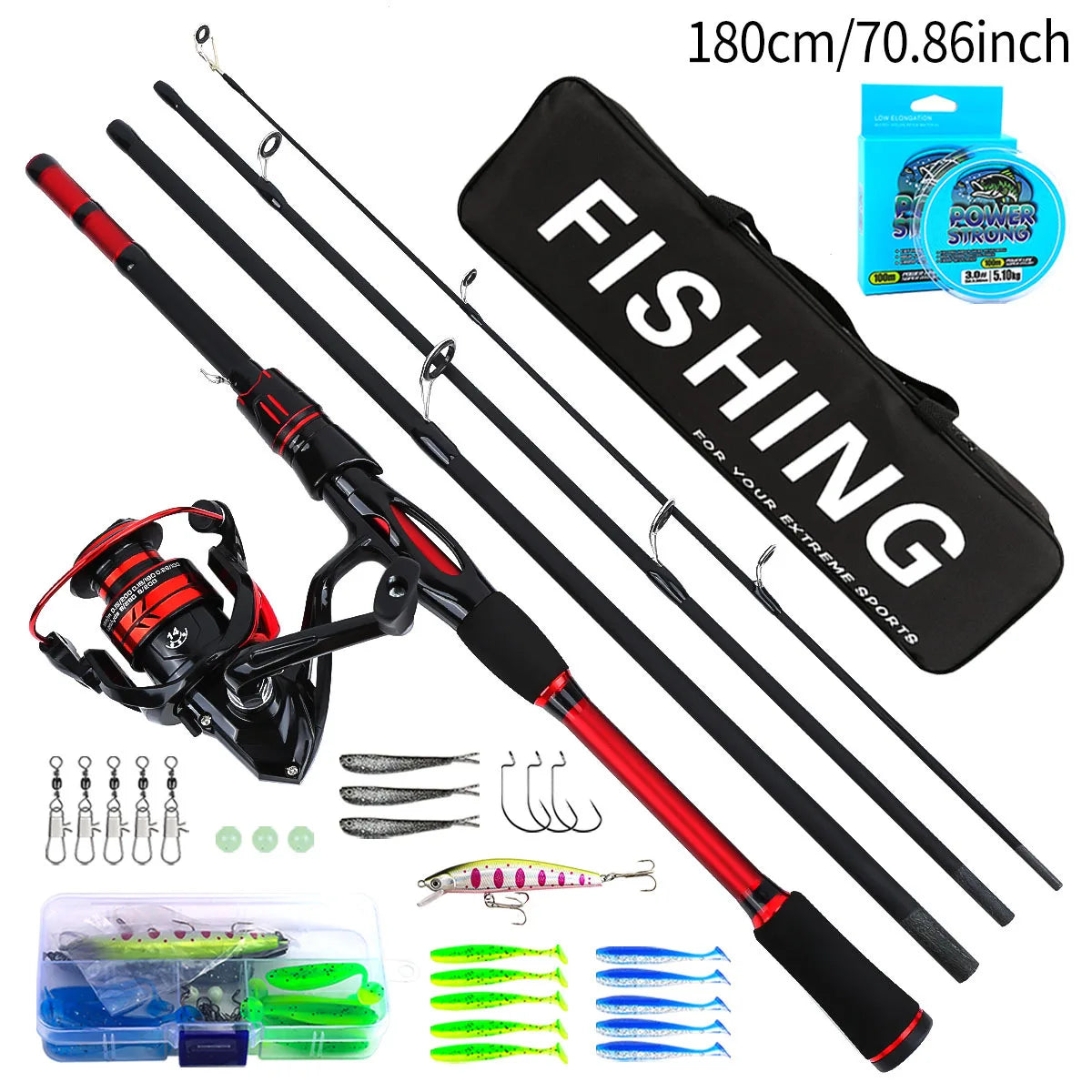 1.8m New 4-Section Lure & Sea Fishing Rod Full Set, Long Casting Spinning Rod Complete Fishing Tackle Kit for Saltwater Fishing