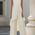 Sleeveless High Neck Jumpsuit With Asymmetric Draped Overlay Wide Leg Culottes Elegant Formal Evening Wear For Women