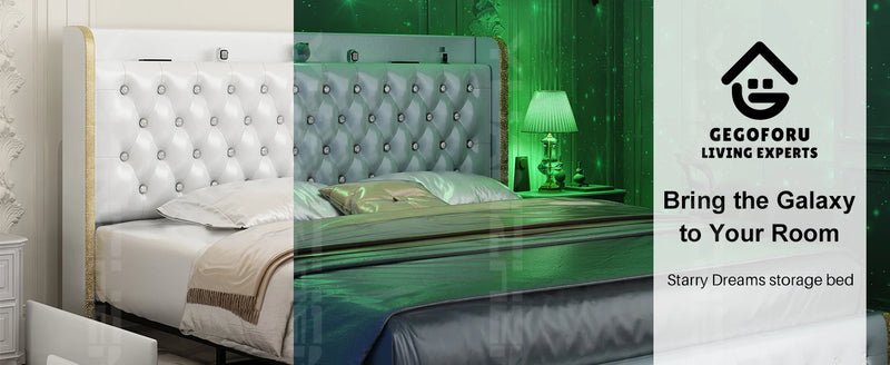 GEGOFORU Queen LED Bed Frame with Galaxy Projector, Bluetooth Speaker, USB Ports, 4 Drawers, No Box Spring Needed, PU Black