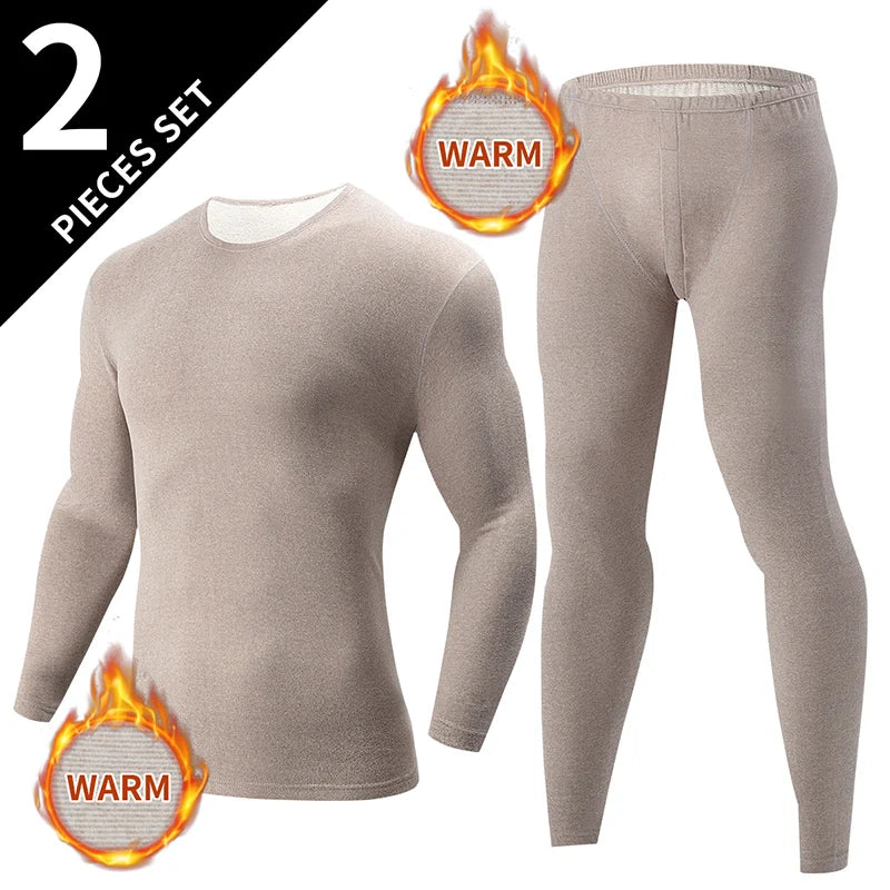 2-pcs Autumn And Winter Men's Thick Semi High Neck Thermal Underwear Set Solid Color Fashionable High Neck Top Warm Casual Pants