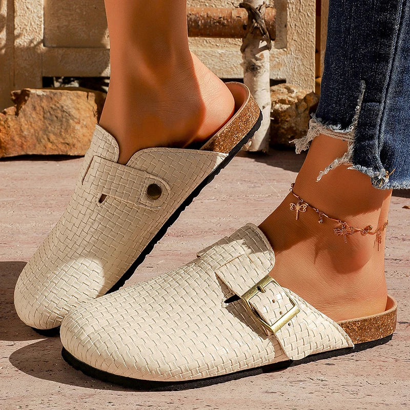 Fashion Gold Woven Buckle Clogs for Women 2026 Summer Closed Toe Cork Sole Mule Shoes Woman Non-slip Flat Heels Half Slippers