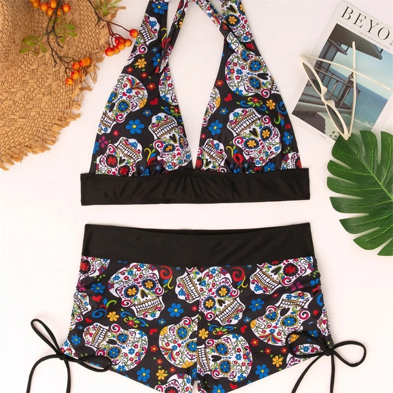 Square Neck Modest Bikini Set With Skull Print | SAMAG