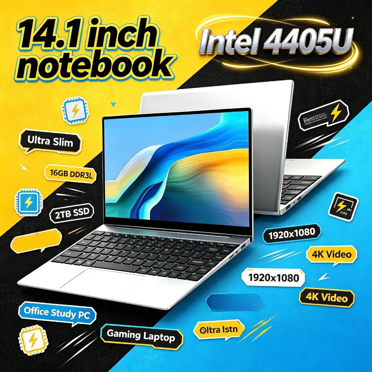 Slim Ultra 14.1 Inch Laptop Intel Pentium 4405U 2.1GHz 2C4T 16GB DDR4 2TB SSD 1920x1080 Gaming Office Study PC Ultra Pro