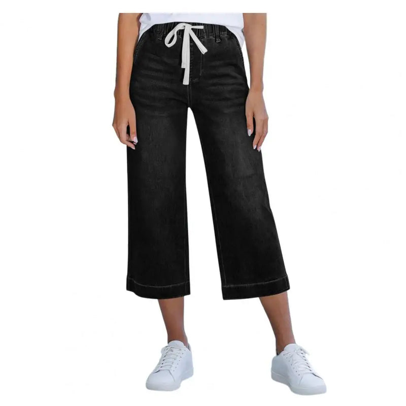 Cropped Pants for Women, High-Stretch Denim Wide-Leg Trousers, Drawstring Waistband Casual Summer Pants Denim Jeans Women