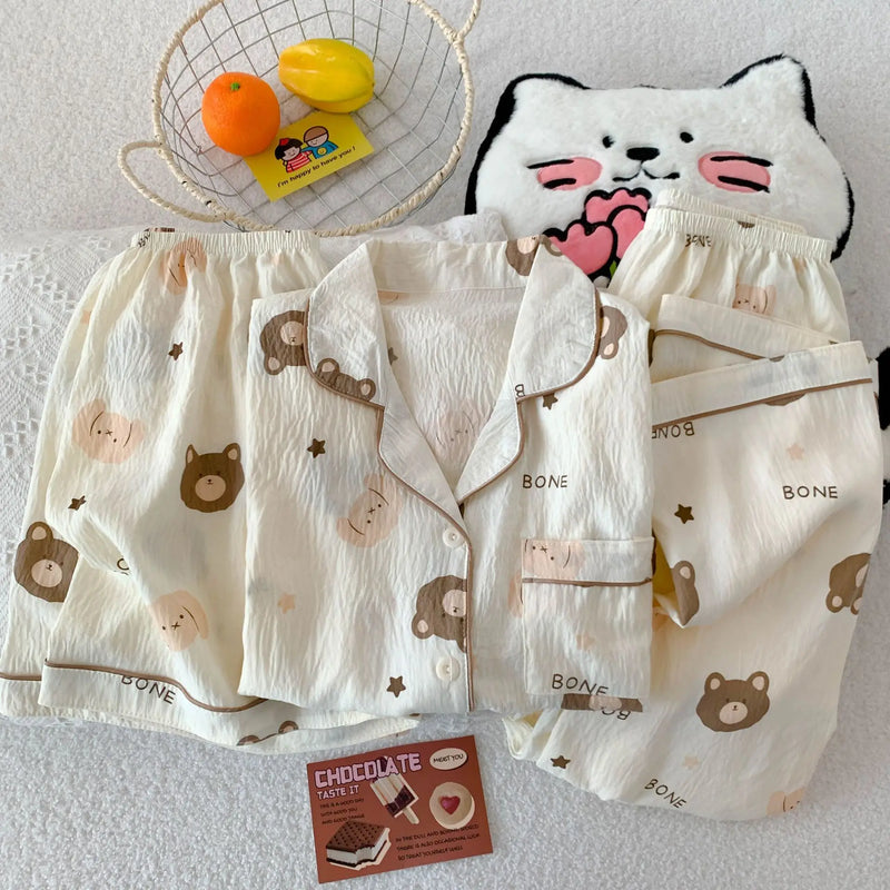 Cartoon Hello Kitty Summer Cardigan Lapel Women's Pajama Set Cloud Cotton Cute Printed Casual Loungewear Three-piece Set