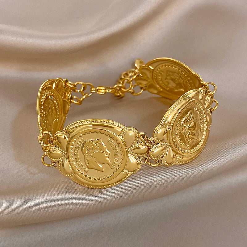Vintage Gold Plated Stainless Steel Coins Wrist Bracelet for Women Men Classic Ethnic Cuff Bracelets Waterproof Jewelry