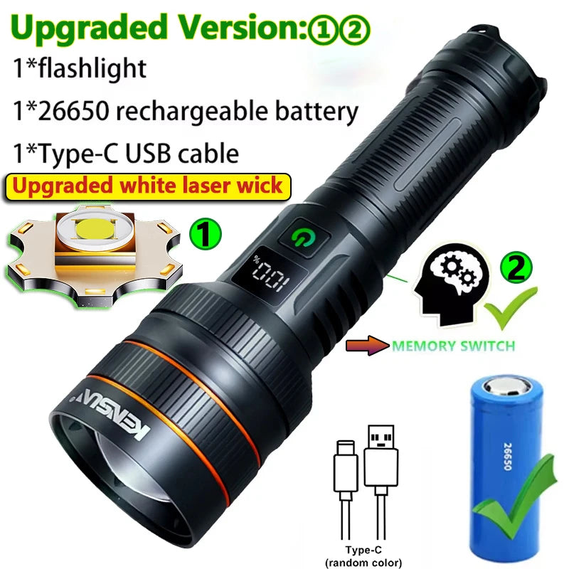 KENSUN Powerful Telephoto LED Flashlight with Variable Zoom Camping Torch Outdoor High-Power Tactical Light 26650 Battery