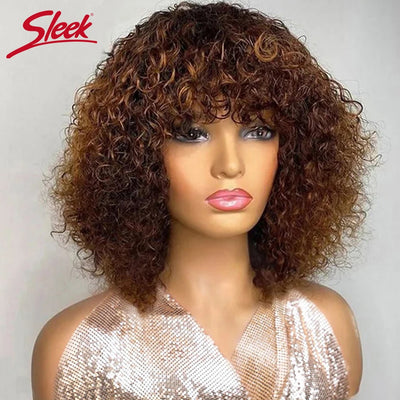Short Pixie Bob Cut Human Hair Wigs With Bangs Jerry Curly Full Machine Wig Highlight Honey Blonde Colored Wigs For Women