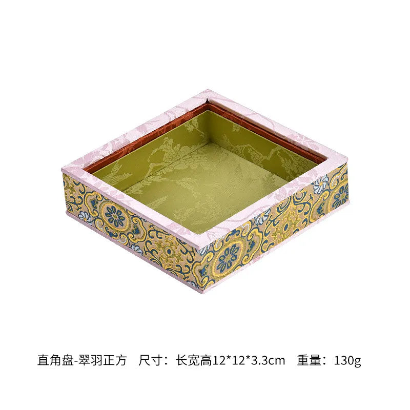 Luxury Chinese Vintage Silk Wooden Jewelry Box, Countertop Display Tray for Perfume Ring Bracelet, Velvet Gemstone Jade Storage