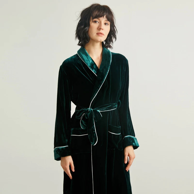 Winsleter, Base Yarn 19MM 100%Real Silk Velvet Night-robe, Women Long Sleeve Lace-up, Warm Pajamas Robe, Autumn Winter P49956CC