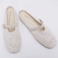 Trendin Mode Women's Knit Mules Square Toe Crochet Knit Slip-on Flats with Adjustable Buckle Breathable Closed-Back Slides