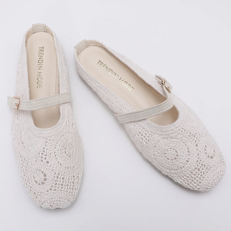 Trendin Mode Women's Knit Mules Square Toe Crochet Knit Slip-on Flats with Adjustable Buckle Breathable Closed-Back Slides