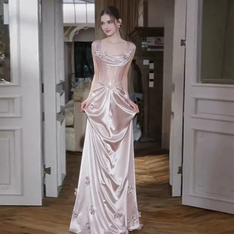 Pink Luxury Satin Prom Dress Glitter Sequins Bodice | SAMAG