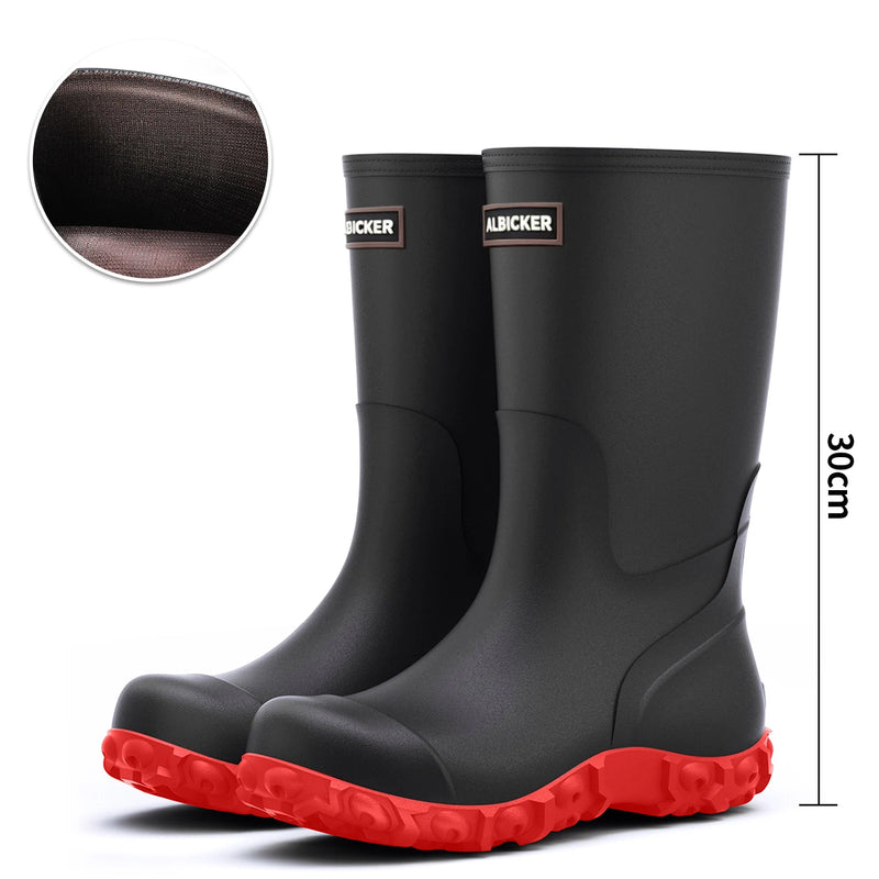Men's Rain Boots Long Tube Water Shoes Non-slip Waterproof Safety Work Shoes Black Red High-Top Fishing Boots With Cotton Socks