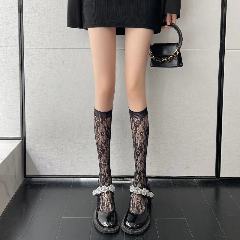 Lace Flower Print Long Socks Lingerie Sexy Floral Mesh High Knee Sock Women Summer Thin Transparent Lolita Kawaii Calf Stockings