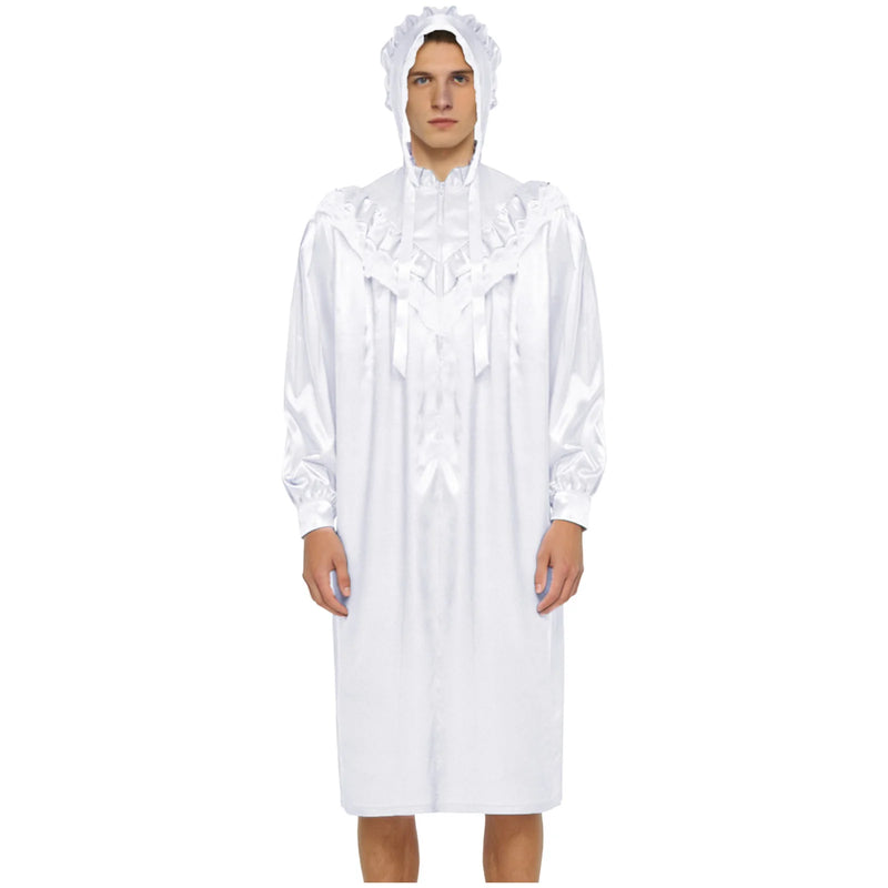 Men Satiny Gothic Victorian Nightgown Robe with Hat Set Lace Trim Long Sleeve Sleep Dress And Lace-up Bonnet for Pajamas Party