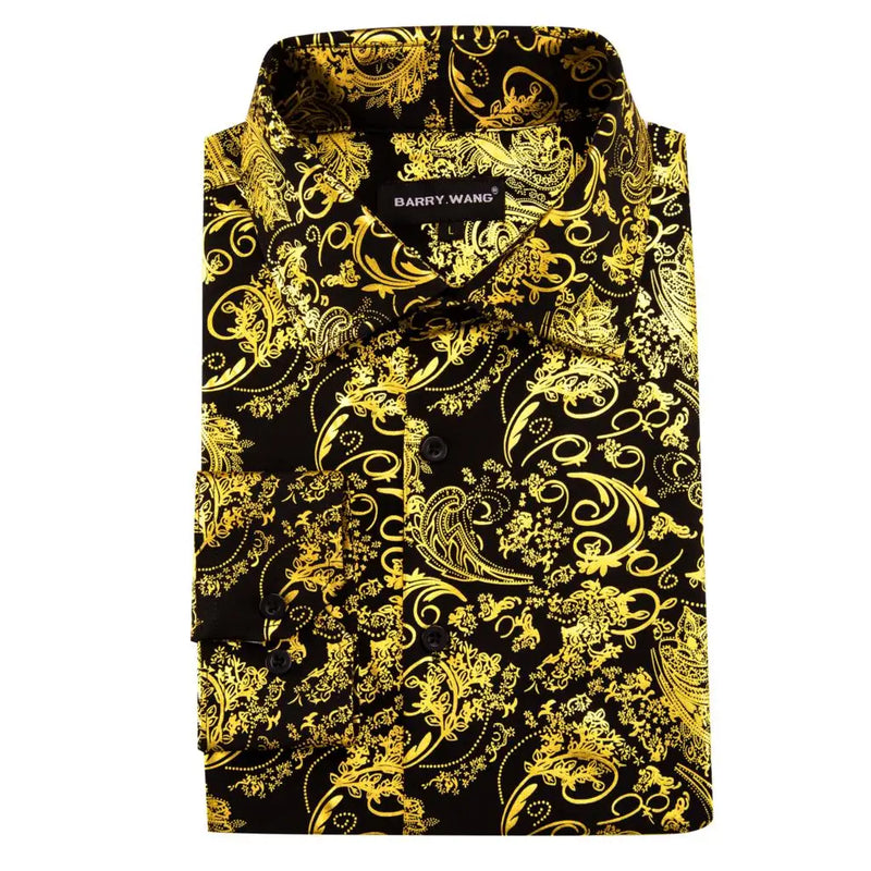 Luxury Silk Shirts for Men Long Sleeve Gold Black Floral | SAMAG