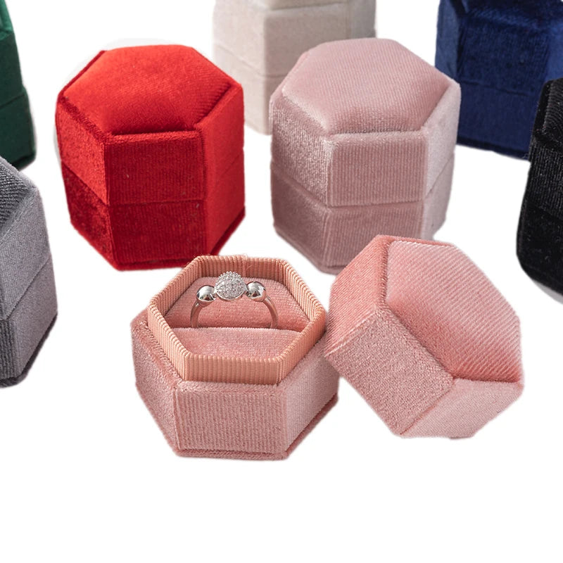 Velvet Hexagon Single Slot Ring Box For Engagement Wedding Keepsake Case Bridal Photo Jewelry Exhibitor Storage Display Selling