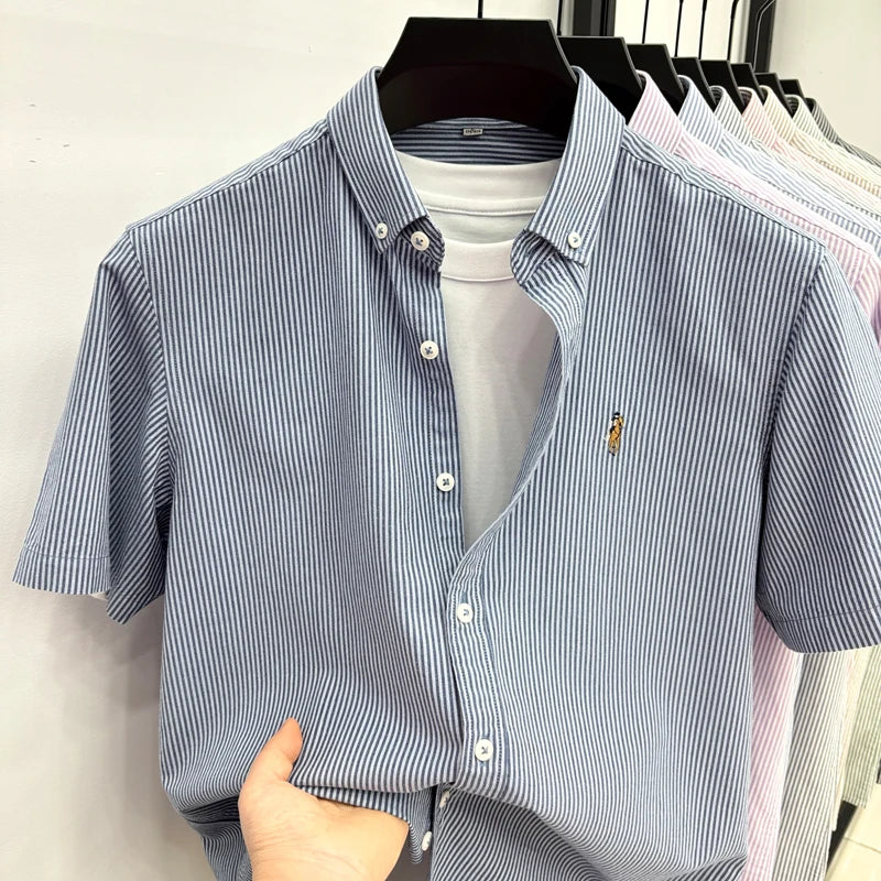 High End Brand Embroidered Striped Shirt Men's Short | SAMAG