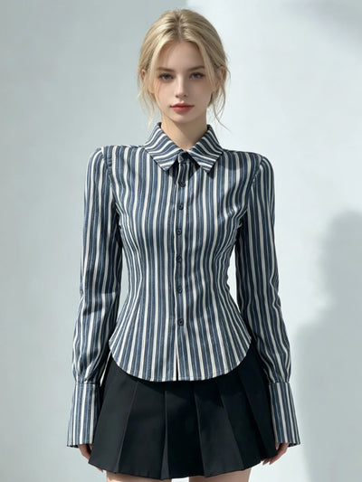 Women's Navy Striped Blouses and Shirts Y2k Gyaru Elegant | SAMAG
