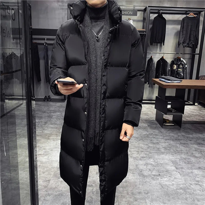 New Men's Down Jacket Mid Length Warm Standing Collar Cotton Jacket Winter Fashion Casual Men's Street Clothing Size 5XL-M