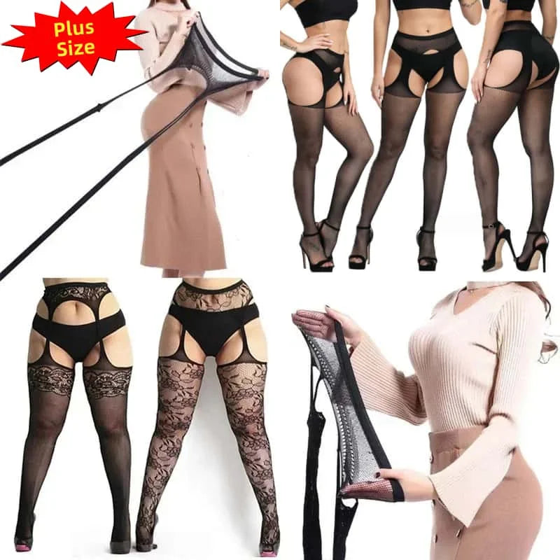 High Waist Sexy Fishnet Black Garter Stockings Tights Open Crotchless Body Suit Large Plus Size Pantyhose for Oversized Woman XL