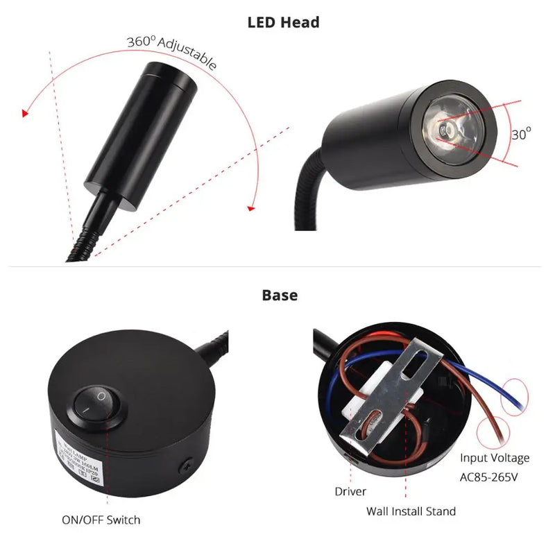 LED Wall lamp 3W Modern Bedroom Bedside Reading Study Book Lamp Black Silver Light Body wall light EU US Plug Cord