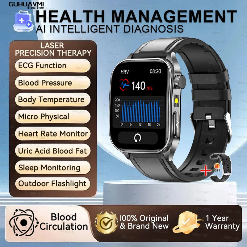 Health managed Non-Invasive Laser Physiotherapy Smart Watch Blood Pressure Uric Acid Call ECG+PPG 650nm Laser Smart Watch 2026