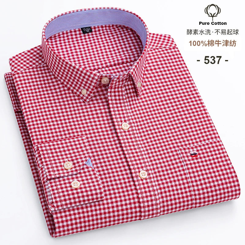 S~6XL Cotton Oxford Shirt For Men's Long Sleeve Plaid | SAMAG